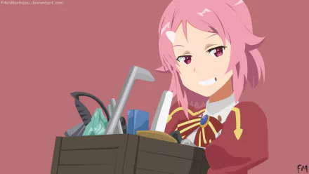 Minimalist anime HD wallpaper featuring Lisbeth (Rika Shinozaki) from Sword Art Online holding a toolbox against a muted pink background.