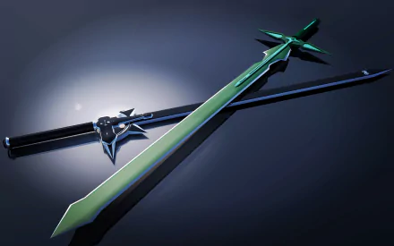 HD PC desktop wallpaper from the anime Sword Art Online, featuring two detailed swords with glowing edges on a dark, reflective surface.