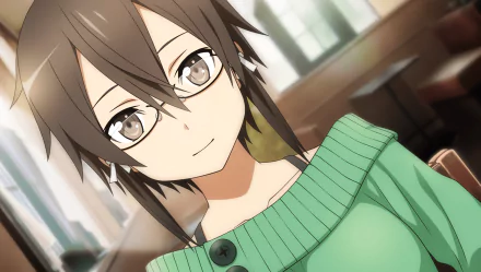 HD desktop wallpaper featuring Shino Asada (Sinon) from Sword Art Online II, with intricate anime art and a serene indoor background.