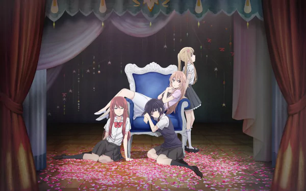 HD desktop wallpaper featuring anime characters Noriko Kamomebata, Sanae Ebato, Hanabi Yasuraoka, and Akane Minagawa from Kuzu no Honkai, posing on and around a blue chair in a dramatic setting with petals.