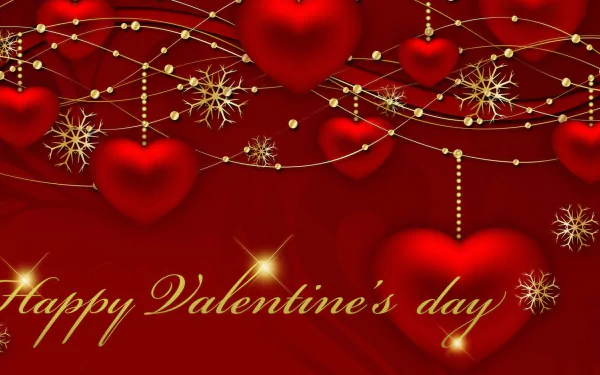 HD Valentine’s Day wallpaper featuring red hearts, gold snowflakes, sparkling beads, and the greeting Happy Valentine’s day on a rich red background.