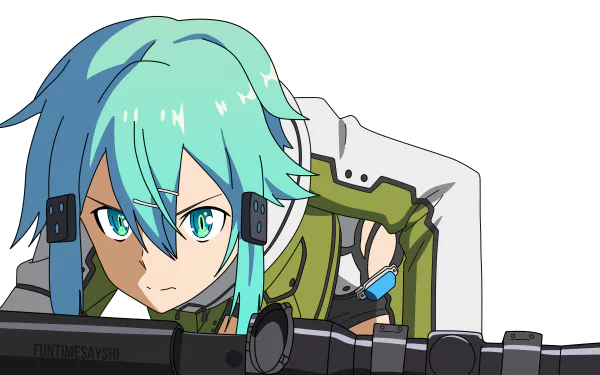 Shino Asada from Sword Art Online II in a detailed 4K Ultra HD anime wallpaper, focused with her sniper rifle against a transparent background.