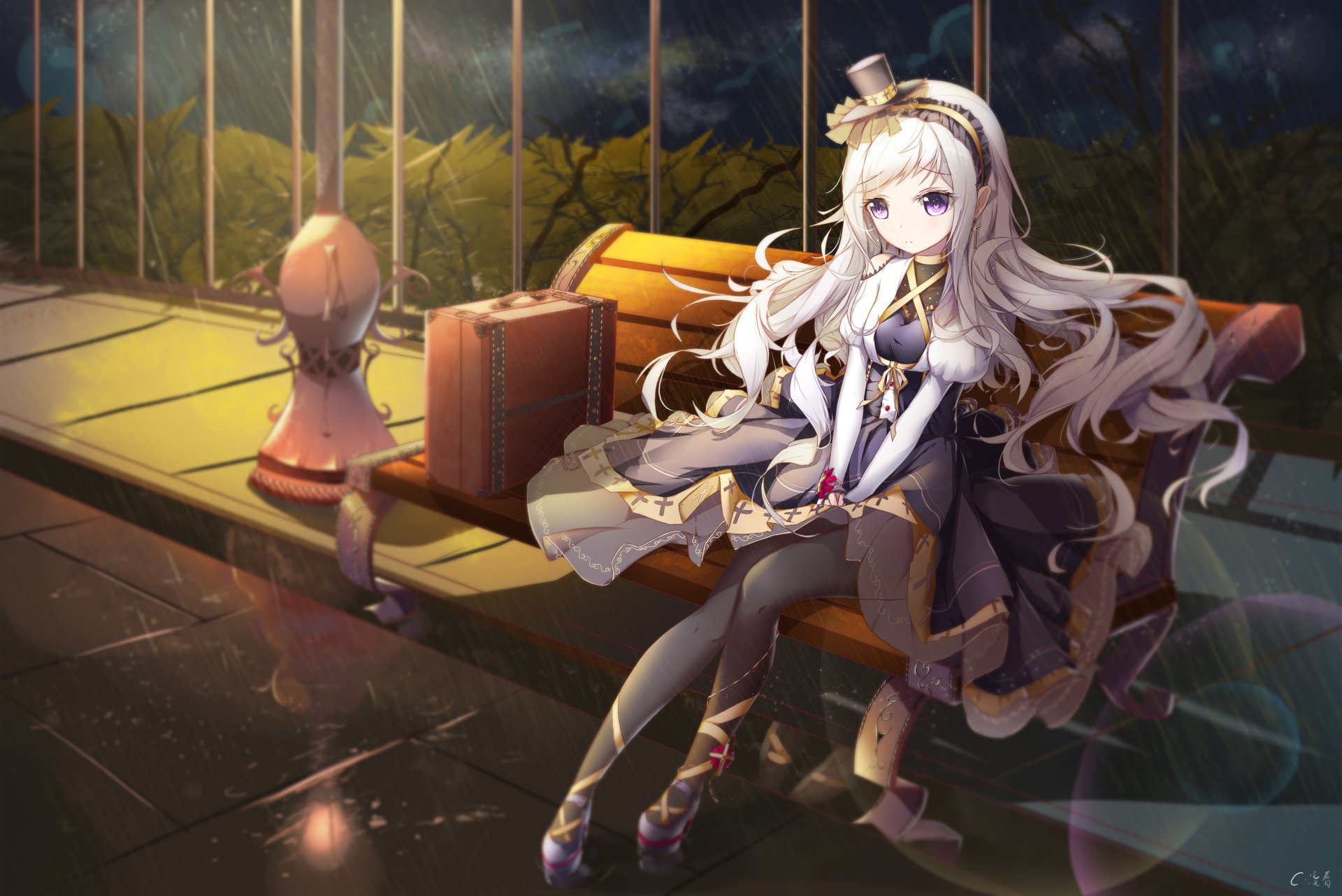 HD anime wallpaper featuring an original character with long hair sitting on a bench, with a small figure and suitcase in the background. The scene is set at night with a tranquil atmosphere.