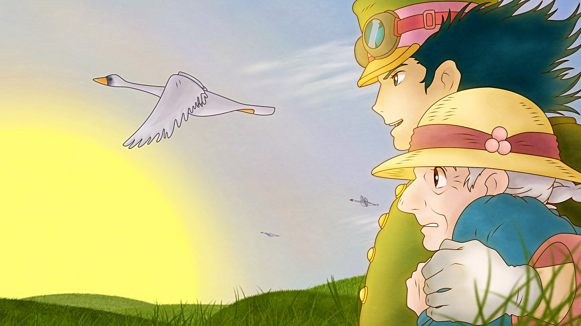 HD PC desktop wallpaper: anime scene from Howl's Moving Castle — Howl and Sophie on a grassy hill at sunrise, embracing as seagulls fly.