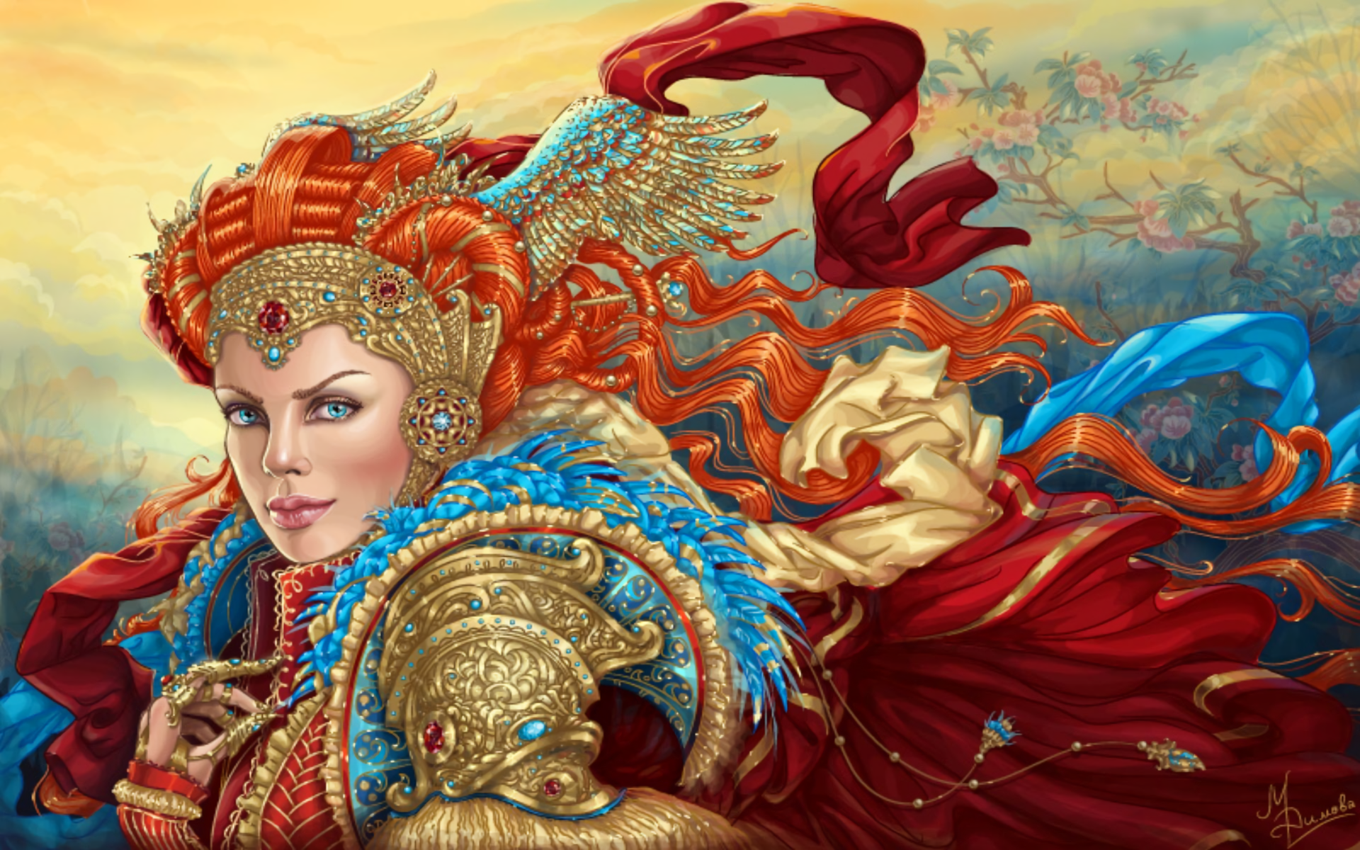 A fantasy woman with vibrant red hair and striking aqua eyes, adorned in ornate golden armor and colorful feathers, set against a dynamic, richly detailed background.