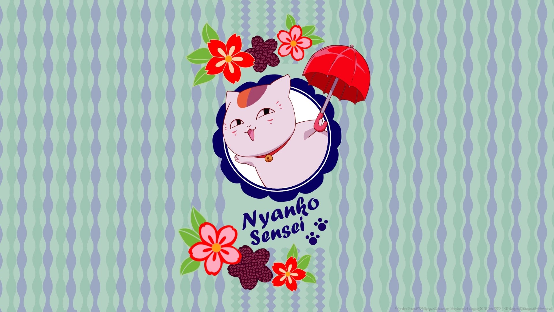 HD PC wallpaper featuring Nyanko-sensei from the anime Natsume Yuujinchou (Natsume's Book of Friends) with decorative flowers and a red umbrella on a patterned background.