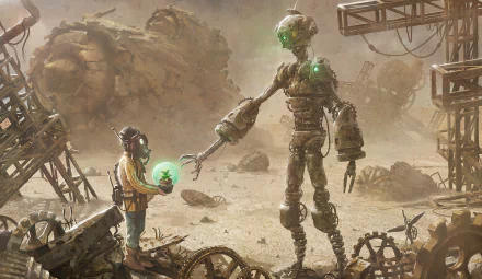 Anime-style HD wallpaper featuring a little boy in a gas mask standing among post-apocalyptic ruins, holding a glowing orb to a towering robot. The scene highlights survival gear and a desolate landscape.