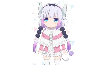 An HD desktop wallpaper of Kanna Kamui from Miss Kobayashi's Dragon Maid with pink hair, blue eyes, and horns, standing against a light, geometric background.