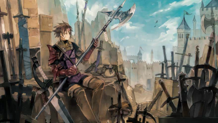 Anime HD PC desktop wallpaper from Chain Chronicle: The Light of Haecceitas featuring a warrior resting with an axe amidst a medieval fortress background.