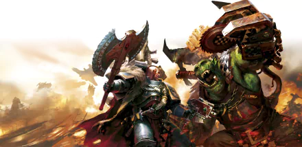 HD wallpaper of Warhammer 40,000: Sanctus Reach featuring a dramatic battle scene with a Space Wolf facing off against an Ork.