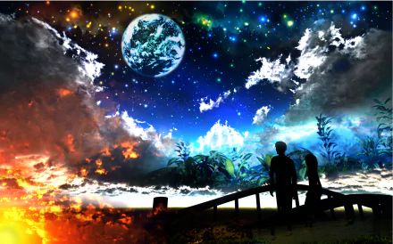 A stunning CGI anime-style HD wallpaper depicting a fantasy night scene with a starry sky, planet, clouds, fire, and a silhouette couple standing on a bridge, embracing the serene and mystical atmosphere.