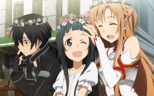 HD desktop wallpaper featuring Yui, Asuna Yuuki, and Kirito (Kazuto Kirigaya) from Sword Art Online. They are wearing flower crowns and sharing a joyful moment in an anime-style setting.