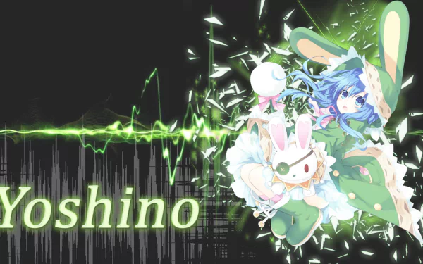 HD desktop wallpaper of Yoshino from the anime Date A Live, featuring a dynamic design with green graphical elements and the character's name in the foreground.