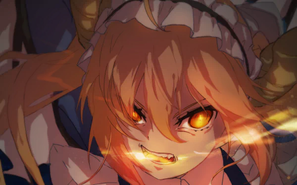 HD desktop wallpaper featuring Tohru from Miss Kobayashi's Dragon Maid, with intense glowing eyes and a fierce expression, capturing her dragon essence in vibrant anime style.