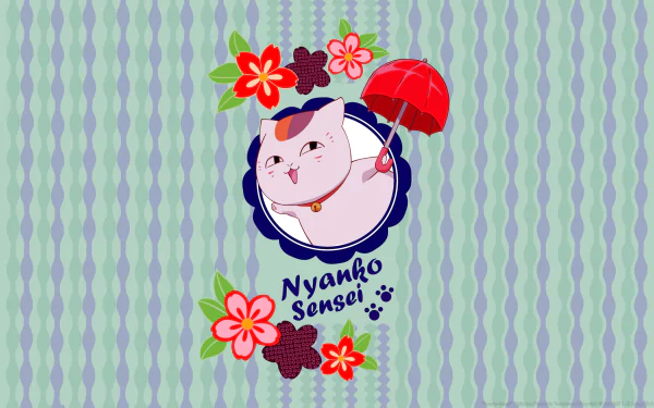 HD PC wallpaper featuring Nyanko-sensei from the anime Natsume Yuujinchou (Natsume's Book of Friends) with decorative flowers and a red umbrella on a patterned background.