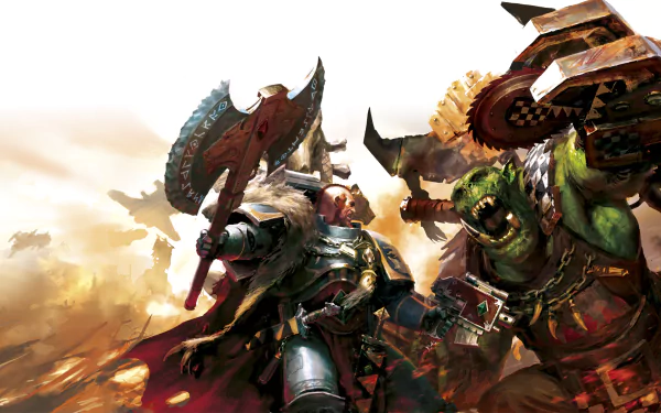 HD wallpaper of Warhammer 40,000: Sanctus Reach featuring a dramatic battle scene with a Space Wolf facing off against an Ork.