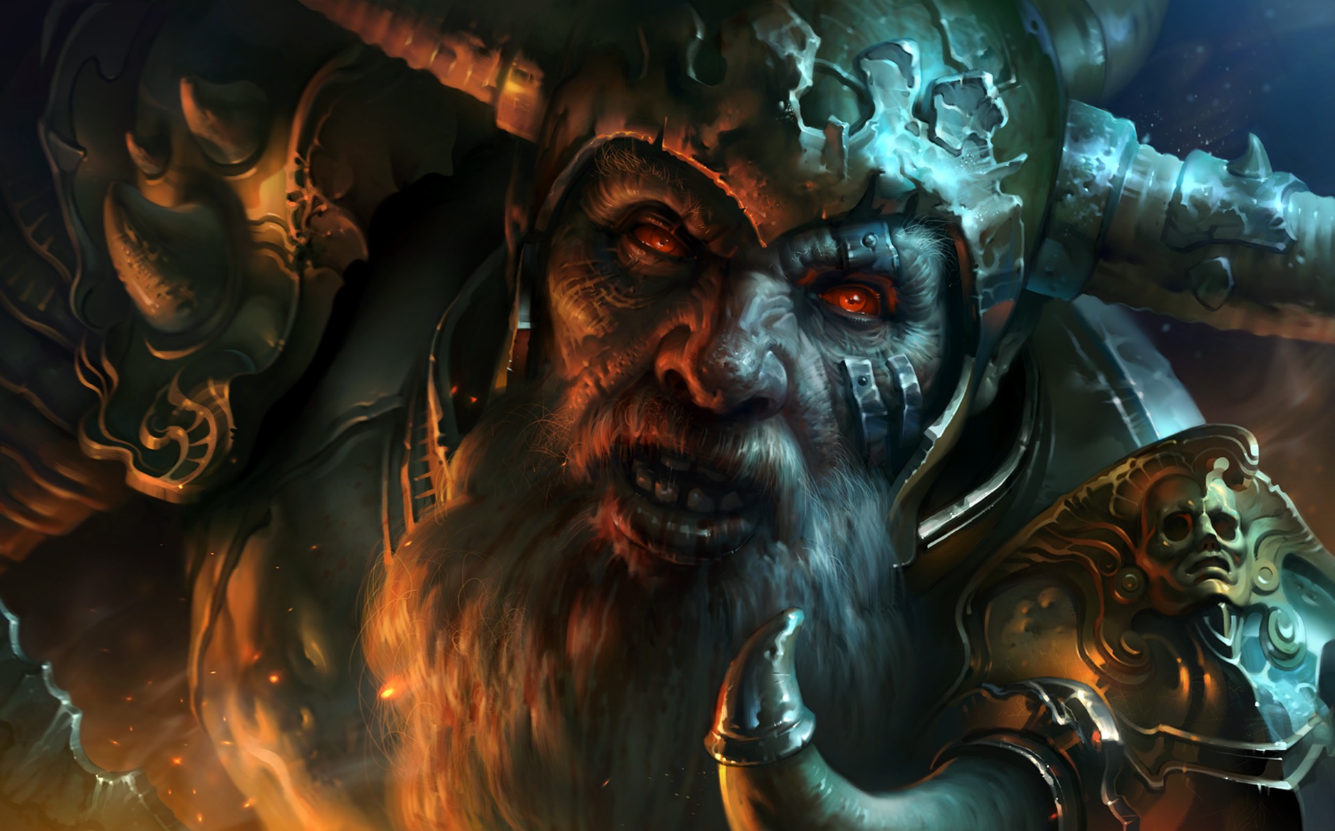 Fierce Fantasy Warrior with Horned Helmet and Fiery Red Eyes by Ivan ...