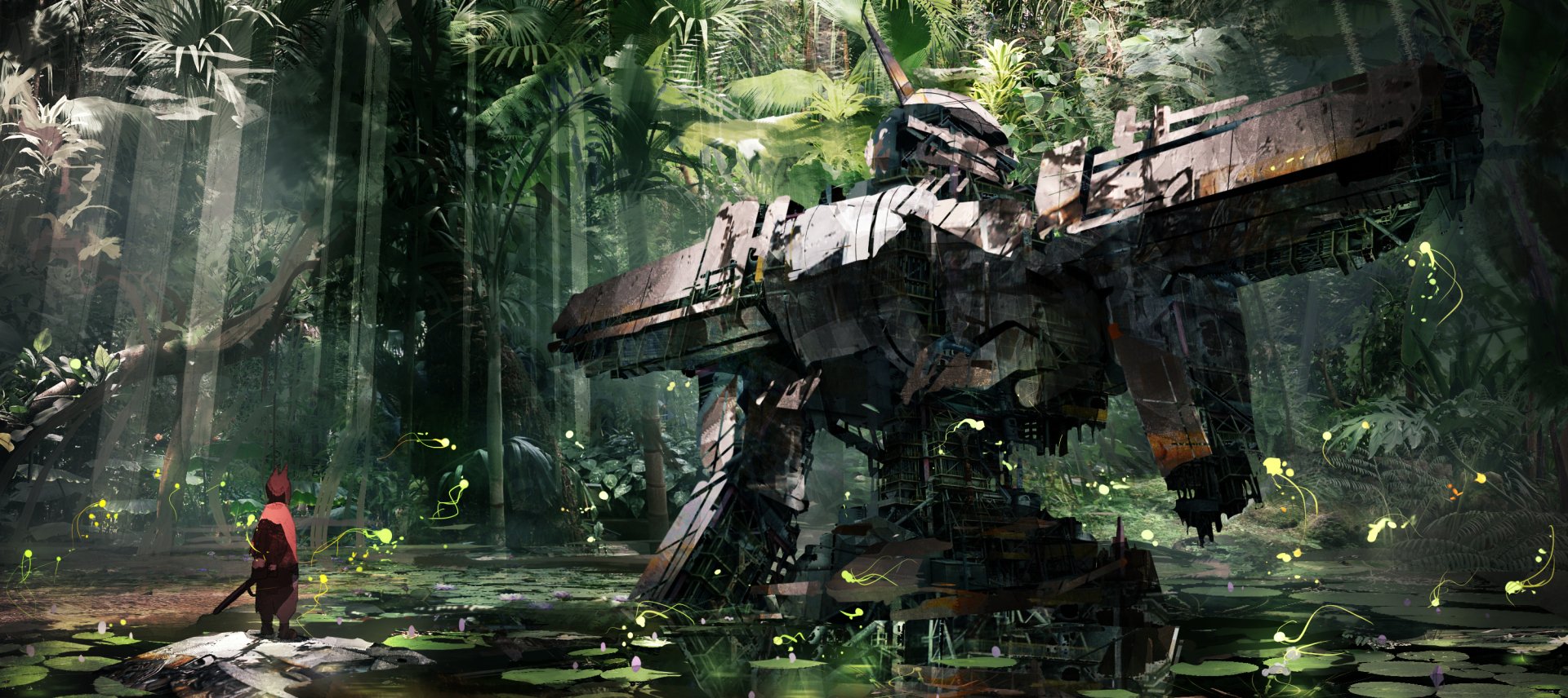 HD desktop wallpaper featuring an anime-style scene with a giant robot standing in a lush, sunbeam-lit forest. A small figure in a red cloak and animal ears can be seen nearby.