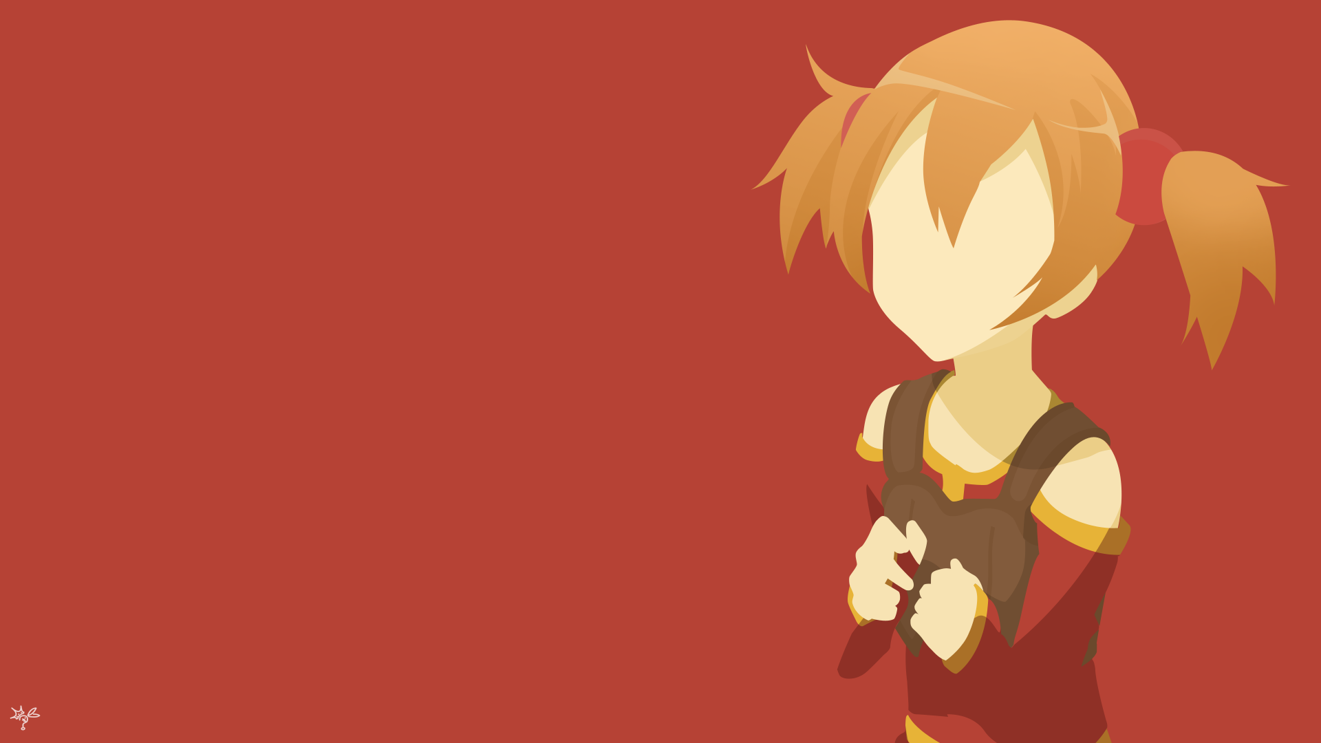 4K Ultra HD PC desktop wallpaper: minimalist anime Sword Art Online image of an orange-haired, faceless girl with pigtails on a warm red background.