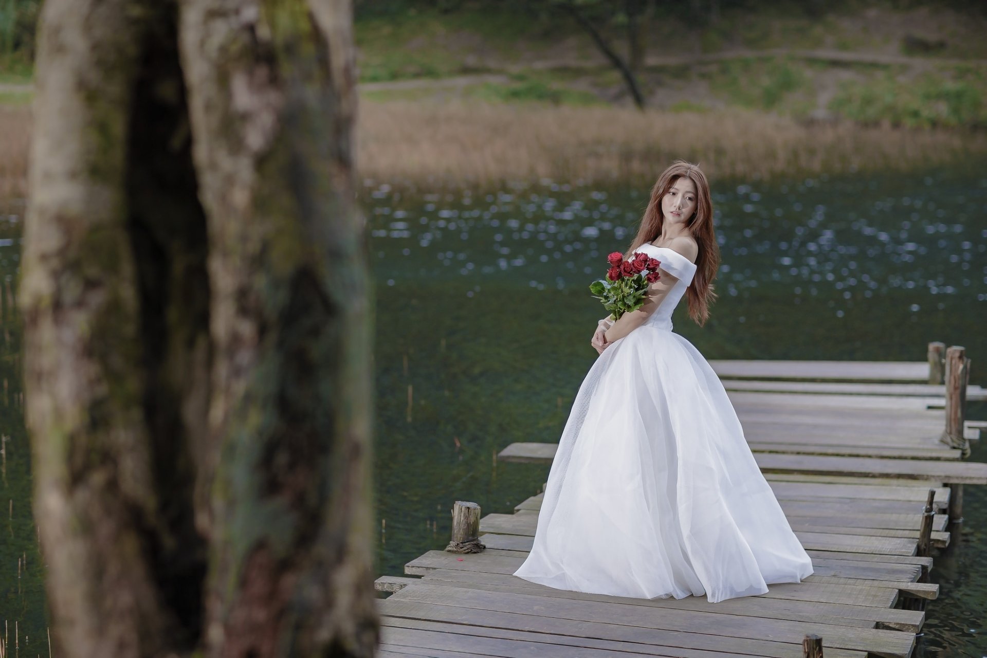 Download Brunette Depth Of Field Wedding Dress White Dress Asian Model Woman Bride Hd Wallpaper 8118