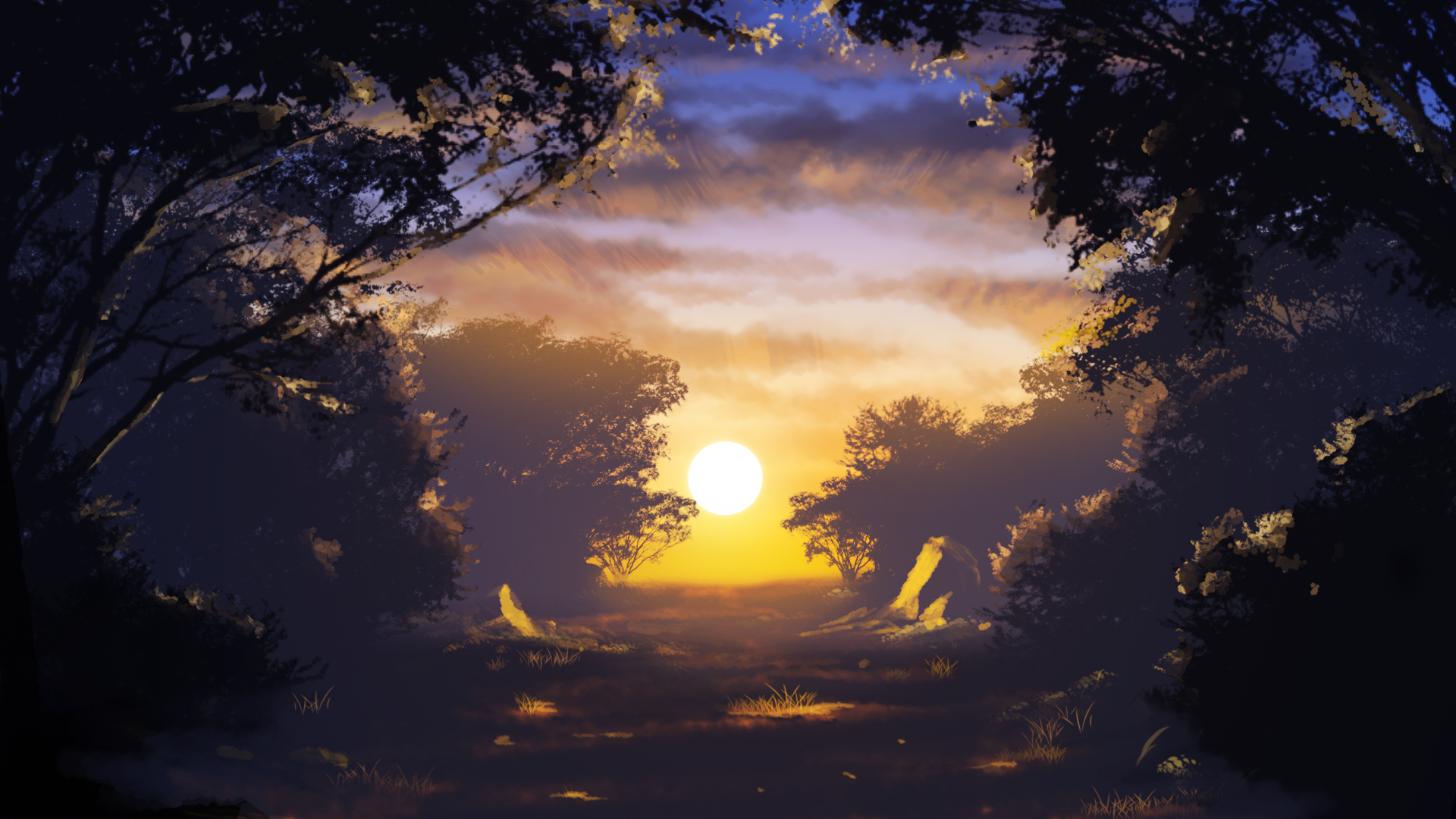 Anime forest sunset: golden sun low on the horizon reflecting on a calm pool, silhouetted trees framing an HD PC desktop wallpaper background.