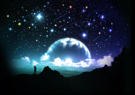 A stunning sci-fi anime night scene with a glowing blue planet over an ocean, bright stars, and shooting stars illuminating the dark sky in vibrant HD detail.