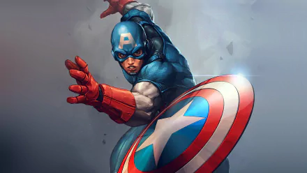 HD desktop wallpaper of Captain America in a dynamic action pose with his iconic shield, set against a blurred background.