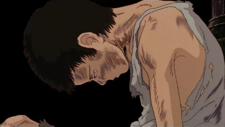 HD anime desktop wallpaper from Grave of the Fireflies depicting a somber, exhausted young boy with detailed shading against a dark background.