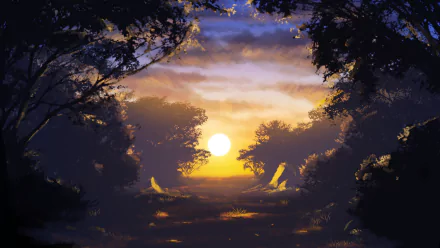 Anime forest sunset: golden sun low on the horizon reflecting on a calm pool, silhouetted trees framing an HD PC desktop wallpaper background.