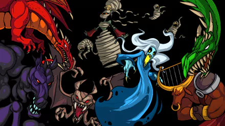HD desktop wallpaper featuring colorful characters from Crypt of the NecroDancer, including a blue spectral musician and assorted monsters.