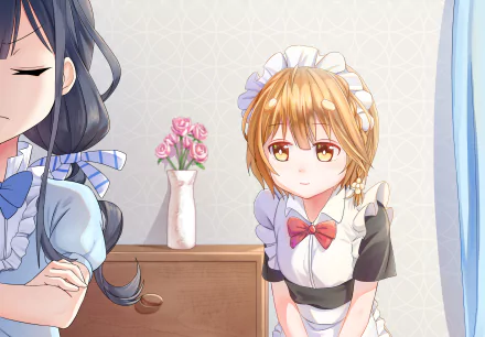 HD PC wallpaper featuring Yoshino Koiwai and Aki Adagaki from the anime Masamune-kun's Revenge, depicting a calm indoor scene with soft lighting and floral decor.