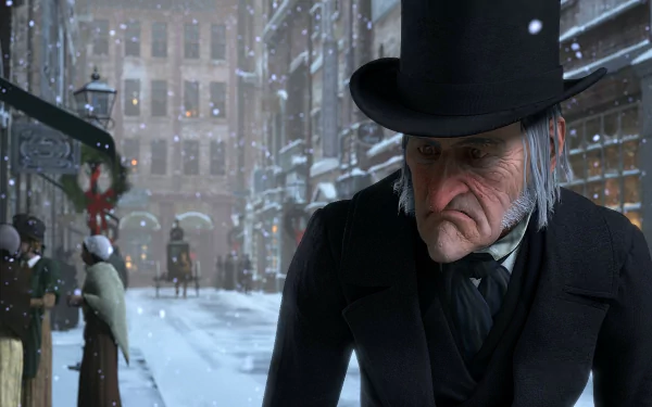 HD PC desktop wallpaper from the movie A Christmas Carol (2009): stern Ebenezer Scrooge in a top hat on a snowy Victorian street, gas lamps and distant figures.
