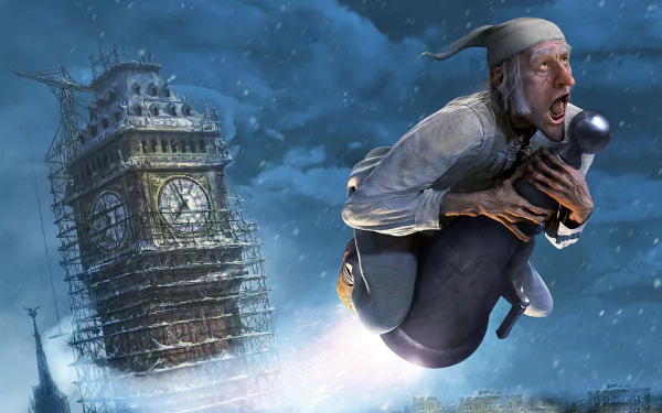 HD PC desktop wallpaper and background from the movie A Christmas Carol (2009): frantic Ebenezer Scrooge clings to a ghost as they soar past a leaning, snow-swept clock tower under a stormy night sky.