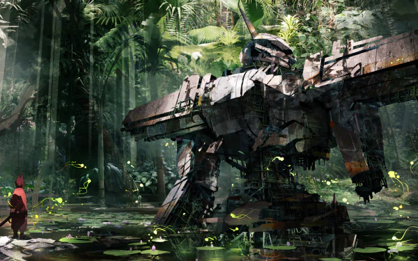 HD desktop wallpaper featuring an anime-style scene with a giant robot standing in a lush, sunbeam-lit forest. A small figure in a red cloak and animal ears can be seen nearby.