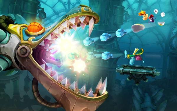 HD desktop wallpaper featuring the character Rayman from Rayman Legends, evading a menacing mechanical creature.