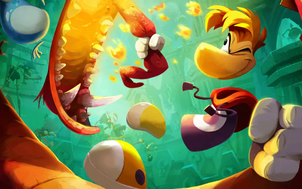 HD desktop wallpaper featuring Rayman from Rayman Legends, with vibrant colors and action-packed adventure theme.