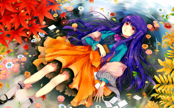 Anime Girl Lying Down Pond Flower Leaf Skirt Tears Purple Hair Long Hair Red Eyes HD Wallpaper | Background Image