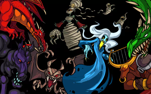 HD desktop wallpaper featuring colorful characters from Crypt of the NecroDancer, including a blue spectral musician and assorted monsters.