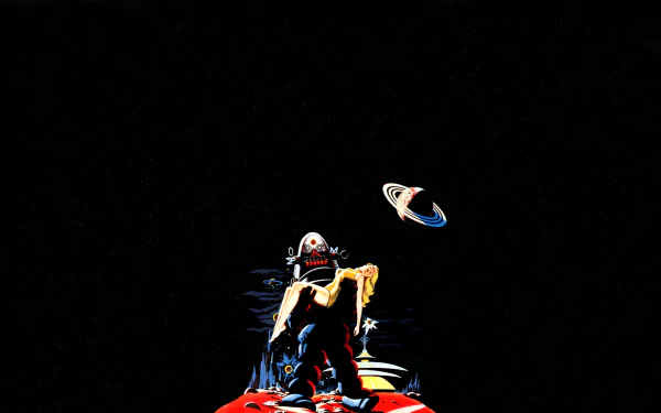 HD desktop wallpaper featuring Robby the Robot from the movie Forbidden Planet, holding a woman against a stark black background.