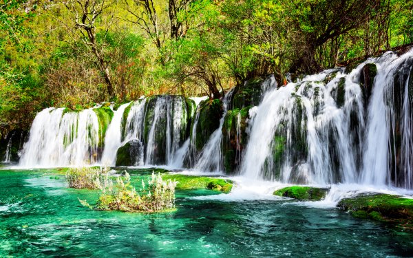 Earth Waterfall Waterfalls Nature Sunny Moss Foam Turquoise HD Wallpaper | Background Image