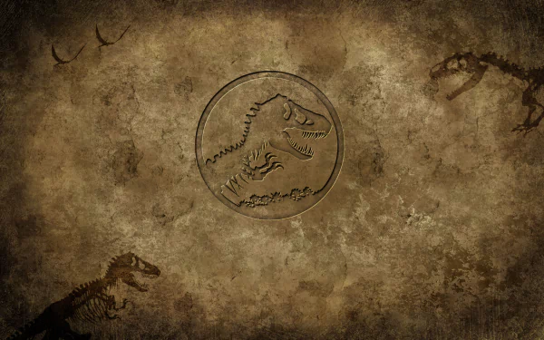 HD PC desktop wallpaper featuring a rustic Jurassic Park design with dinosaur skeletons and the iconic T-Rex logo on a textured, aged background.