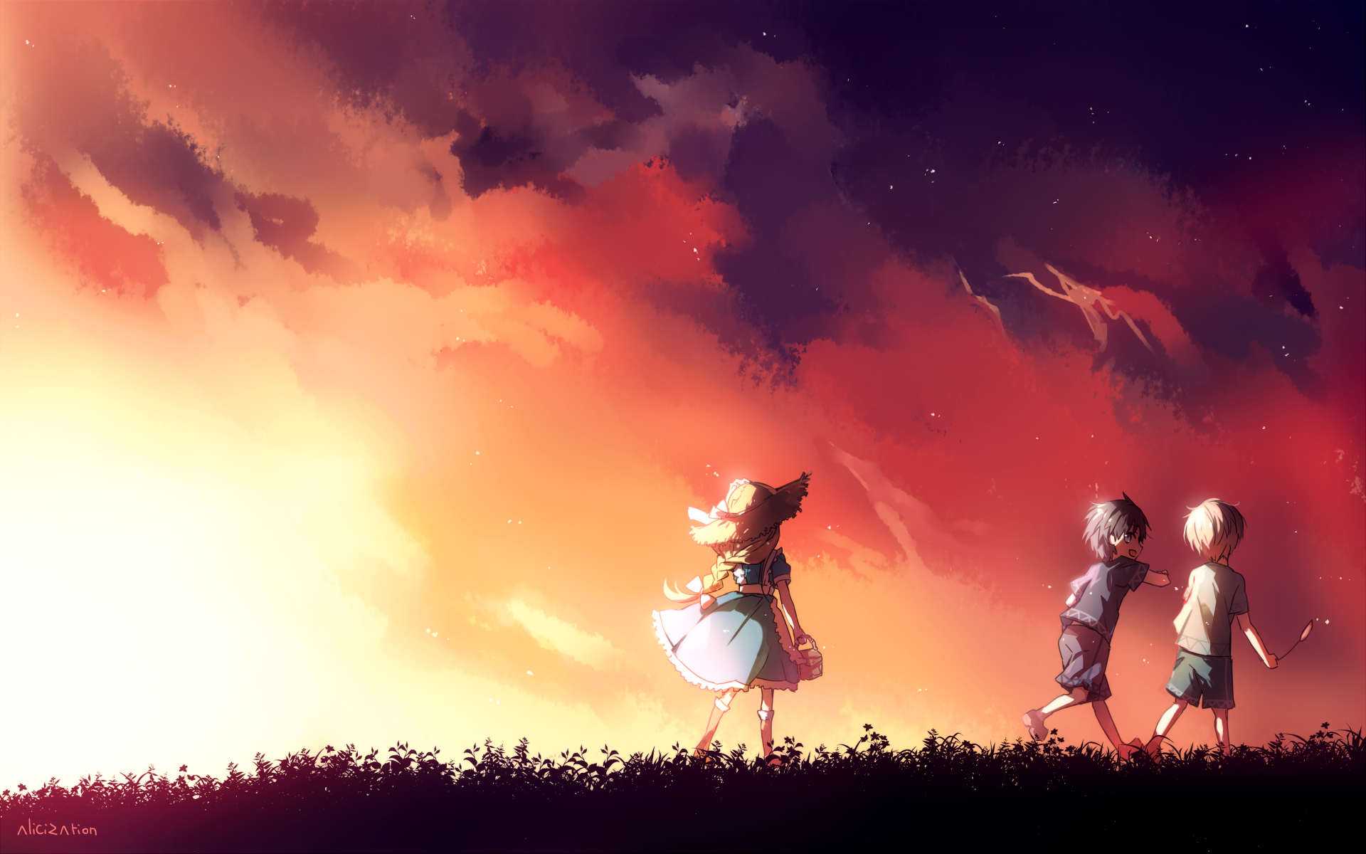 Anime HD PC desktop wallpaper featuring three Sword Art Online characters standing on a grassy hill under a vibrant, colorful sunset sky.