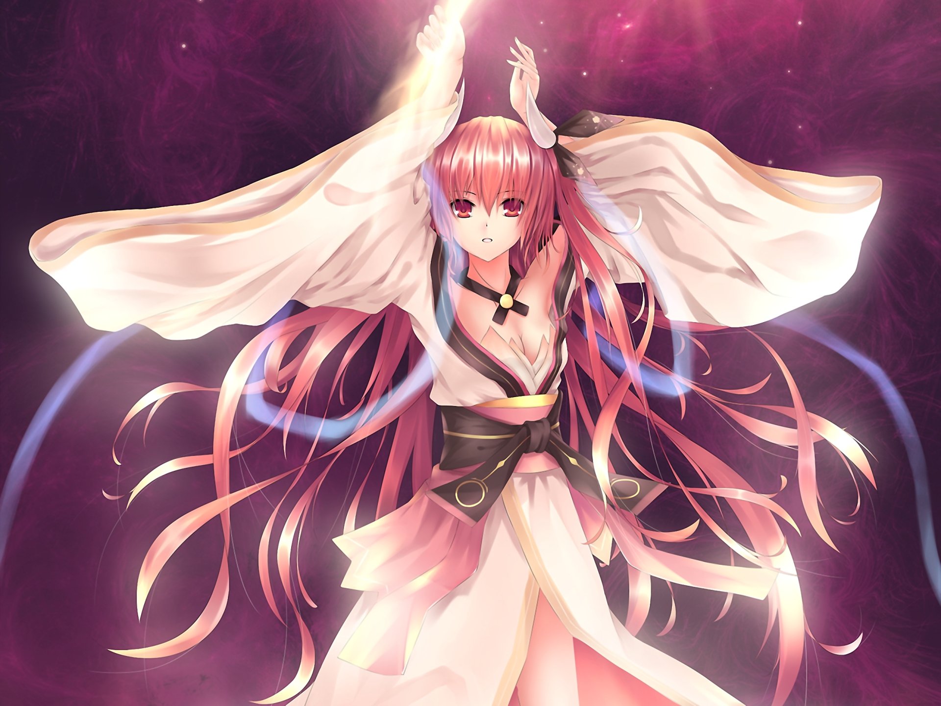 HD PC desktop wallpaper featuring Kotori Itsuka from the anime Date A Live, depicted with flowing pink hair and white wings against a glowing purple background.