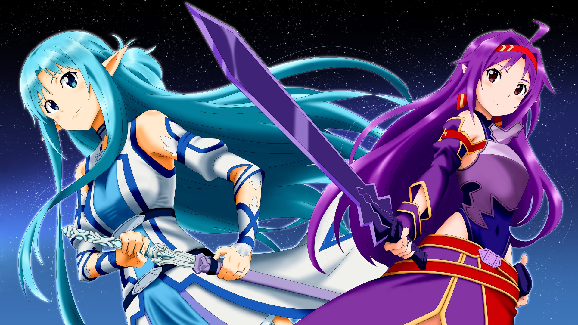 Anime-style 4K Ultra HD desktop wallpaper featuring two Sword Art Online II characters, one with blue hair and armor, and the other with purple hair wielding a large sword.