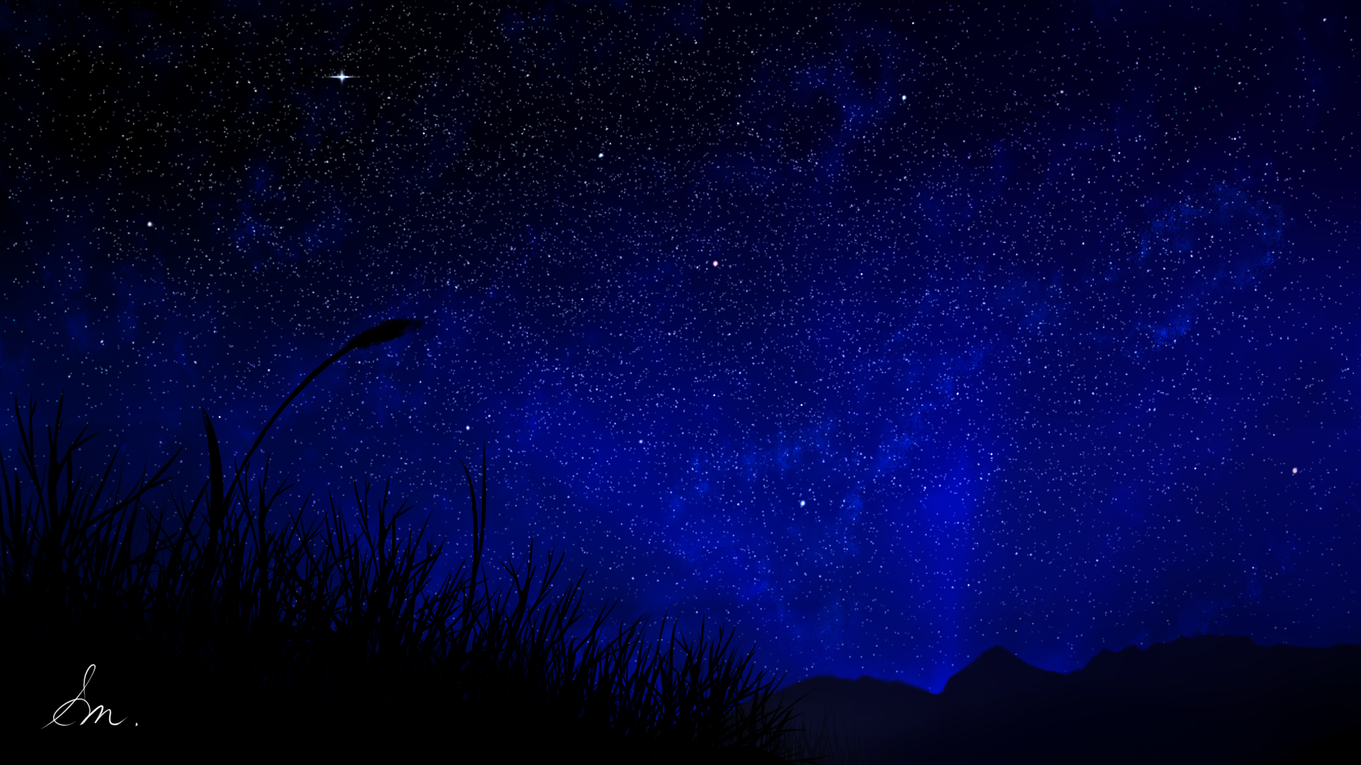 A stunning HD anime-inspired original wallpaper featuring a serene night sky filled with stars, silhouetted grass, and distant mountains in the background.