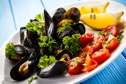 Close-up of mussels with cherry tomatoes and parsley on a white plate—a vibrant tomato seafood dish, 5K Ultra HD PC desktop wallpaper and background.