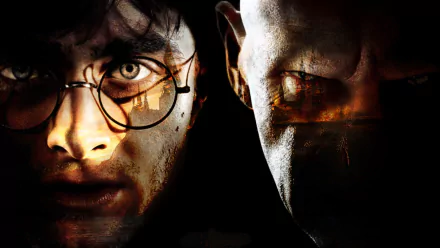 HD desktop wallpaper featuring a dramatic close-up of Harry Potter and Lord Voldemort from the Harry Potter movie series, reflecting the intense rivalry between the characters.