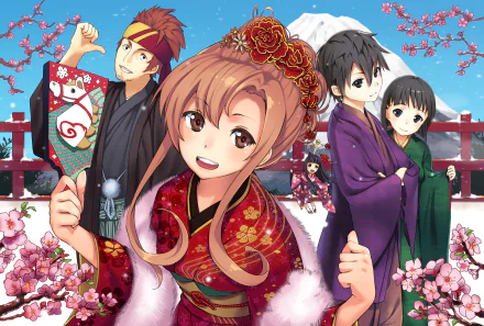 HD desktop wallpaper featuring Sword Art Online characters Kirito, Leafa, Klein, Yui, and Asuna Yuuki in traditional attire, standing amidst cherry blossoms with a snow-capped mountain in the background.