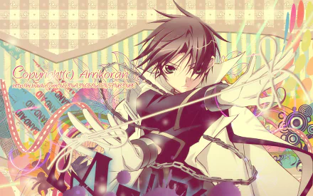 HD PC desktop wallpaper featuring an anime character from 07 Ghost, striking a dynamic pose with vibrant, colorful patterns in the background.