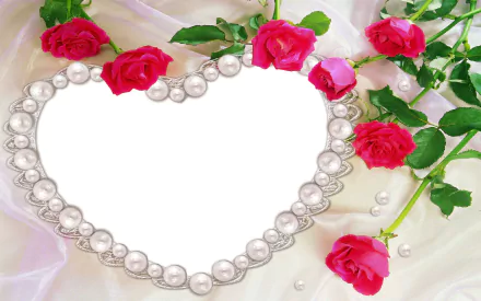 A heart-shaped pearl necklace framed by pink roses against a soft background, symbolizing love. This artistic image is an HD desktop wallpaper and background.